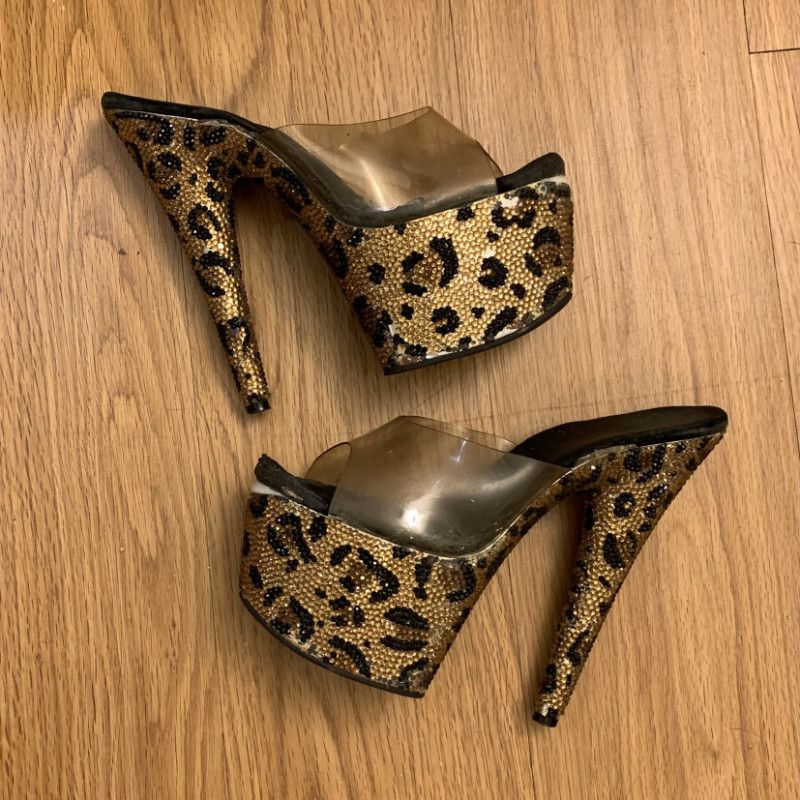 Worn Cheetah Rhinestone Stripper Heels