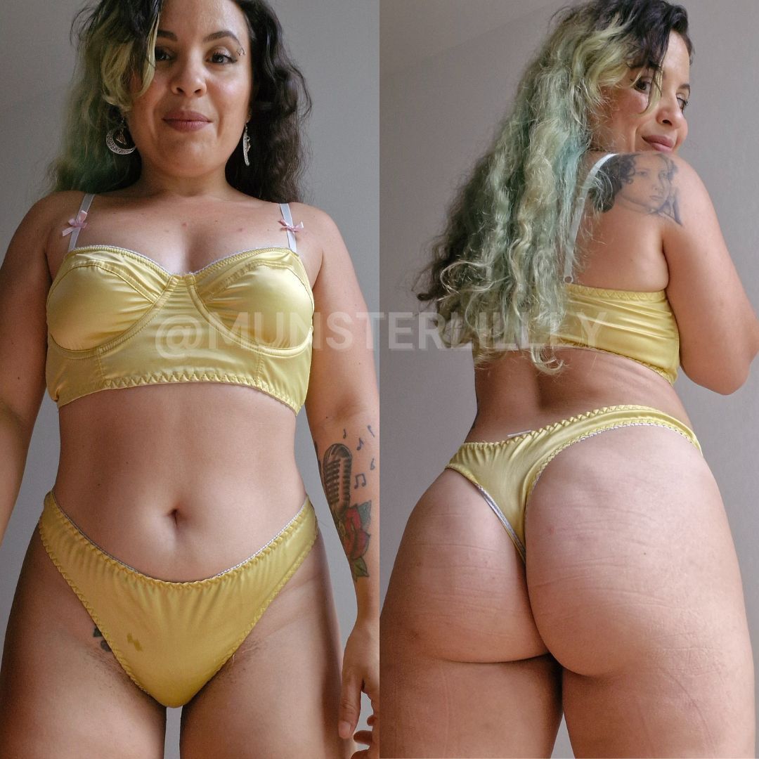 Worn Yellow Thong And Bra Lingerie Set