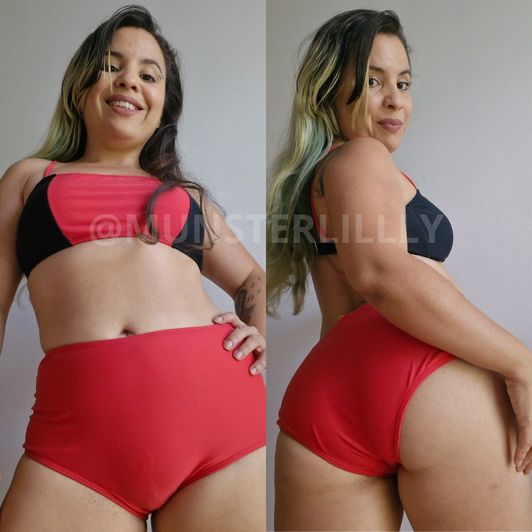 Worn Red and Black 2 Piece Swimsuit