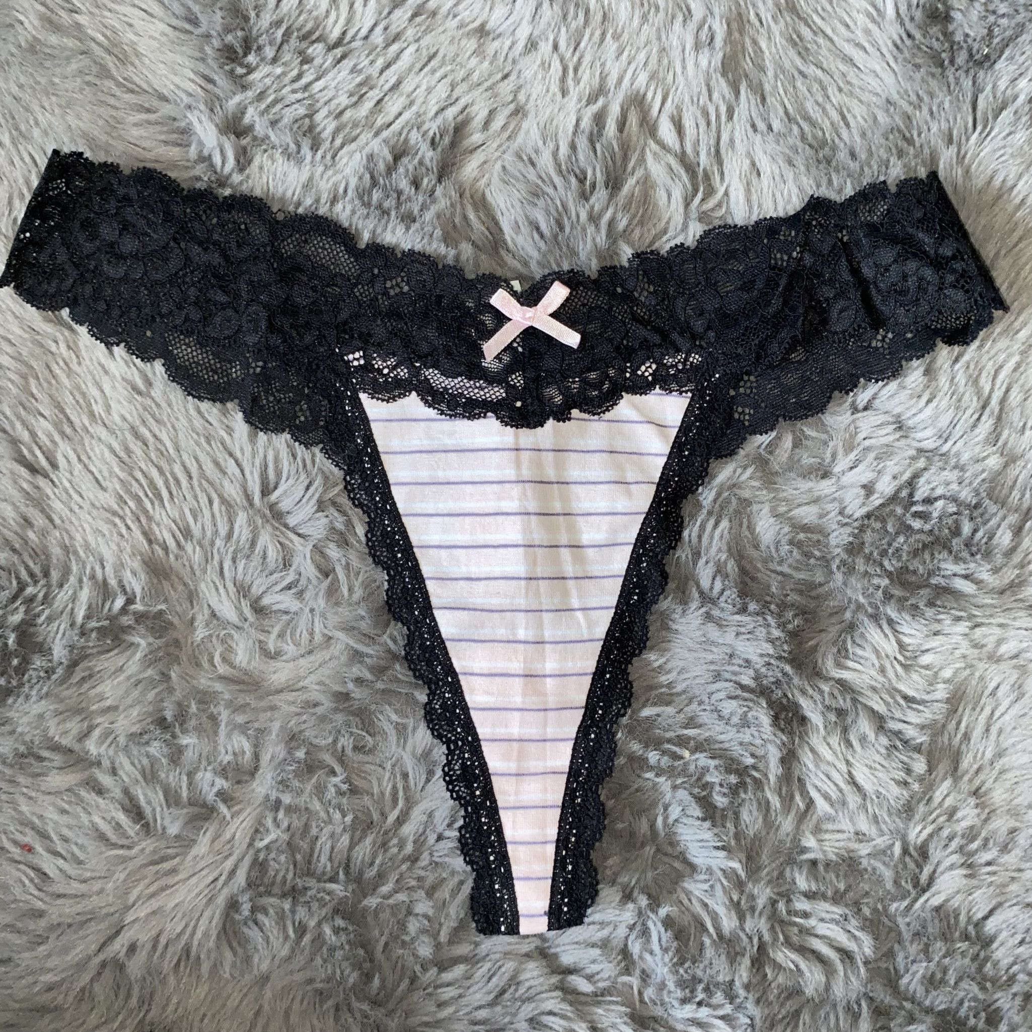 Striped Lace Bow Thong Panties