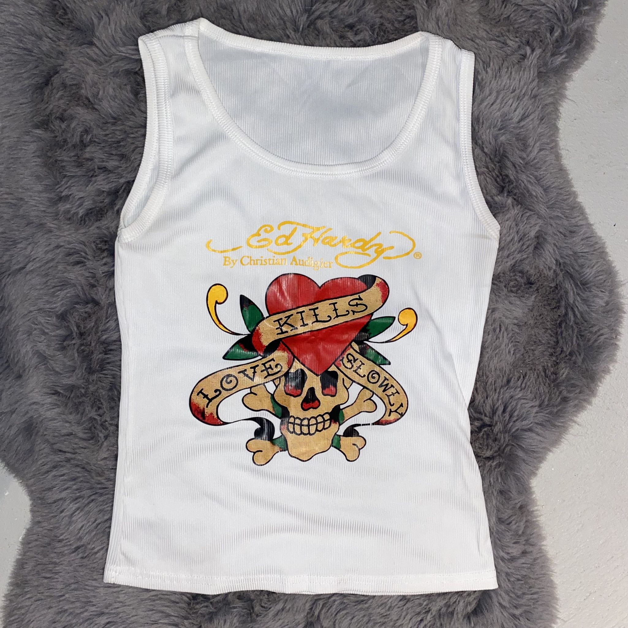 White Ribbed Ed Hardy Tank Top