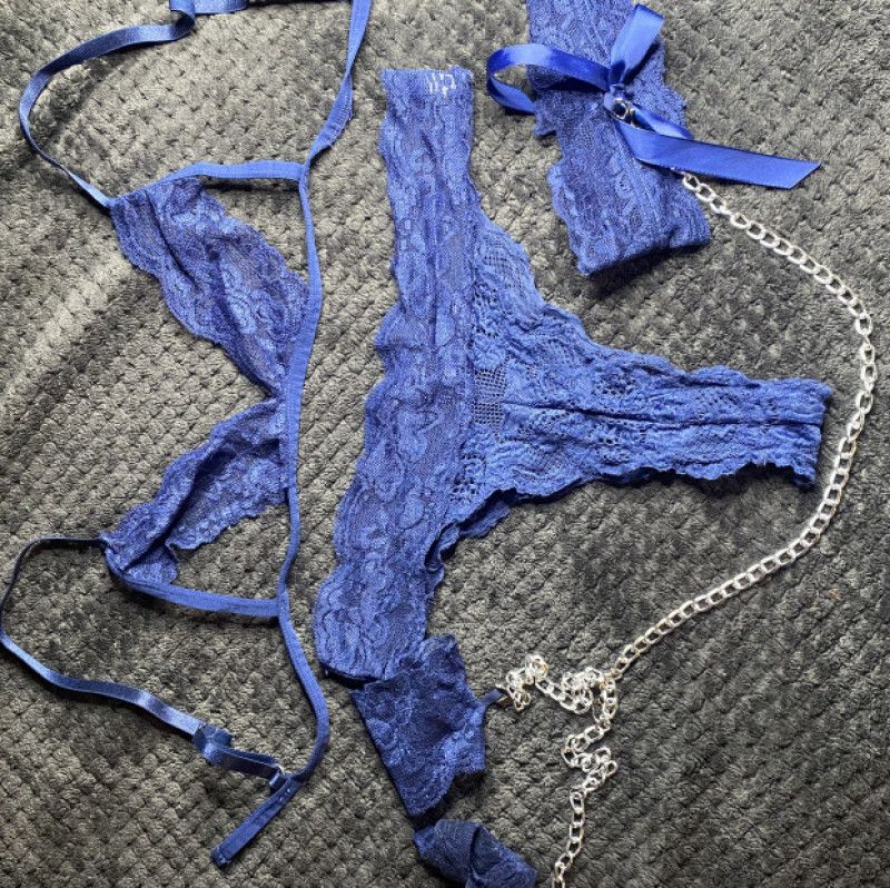 Blue Lace Choker Chain Panty Set