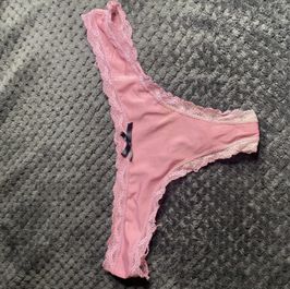 Pink Lace Trimmed Thong stained