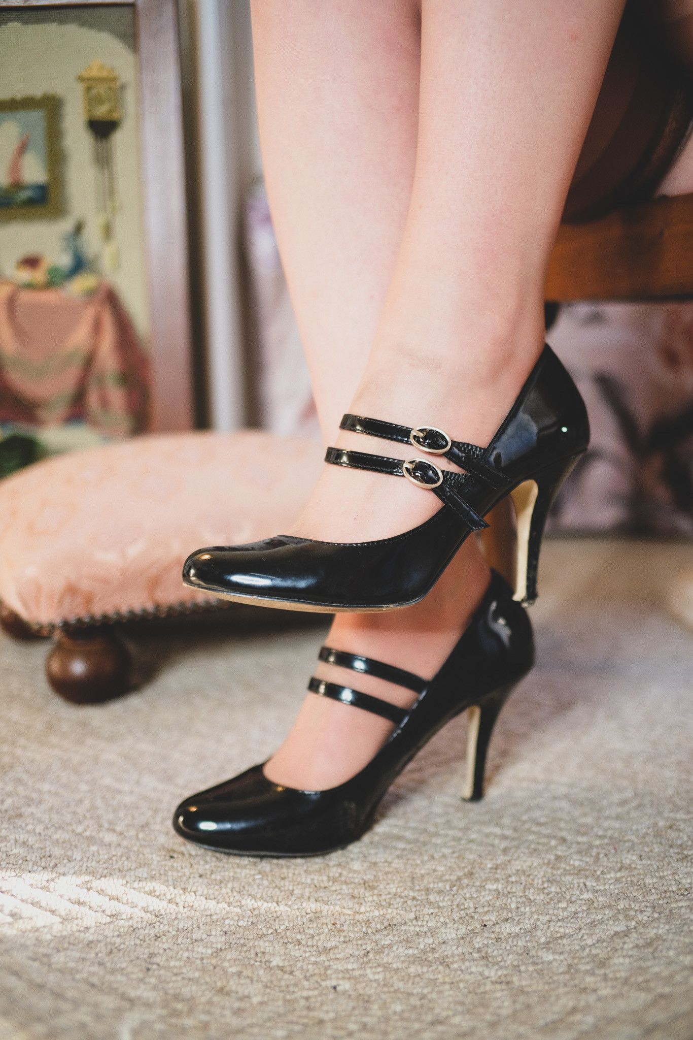 Well Worn Shiny Patent Double Strap Mary Jane Heels