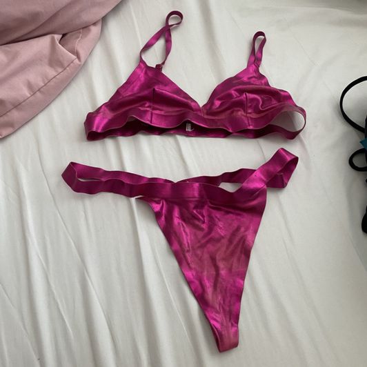 Shiny Pink Thong and Bra Set
