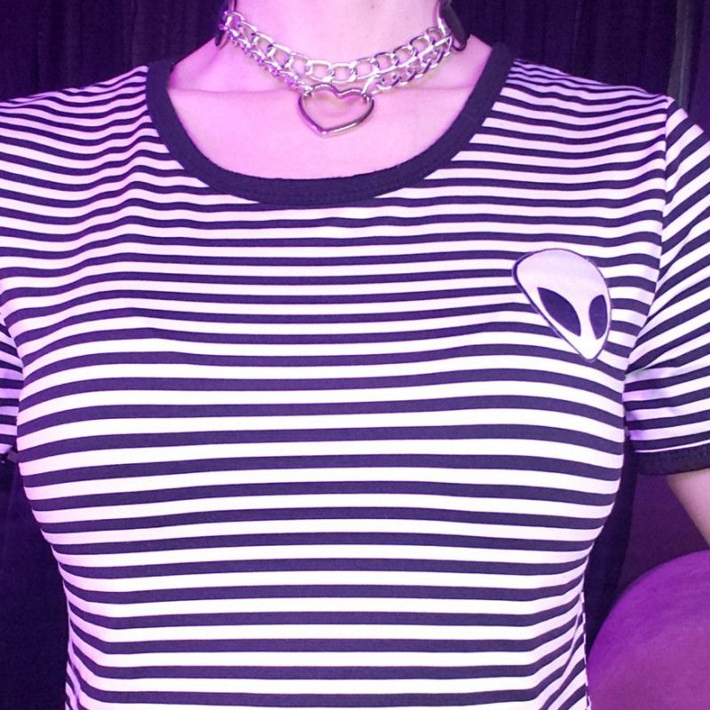 Striped crop top with alien patch