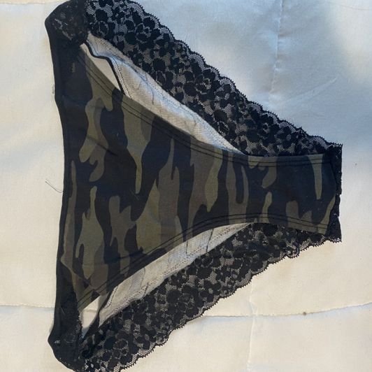 Black lace trim Camo Thong Panties
