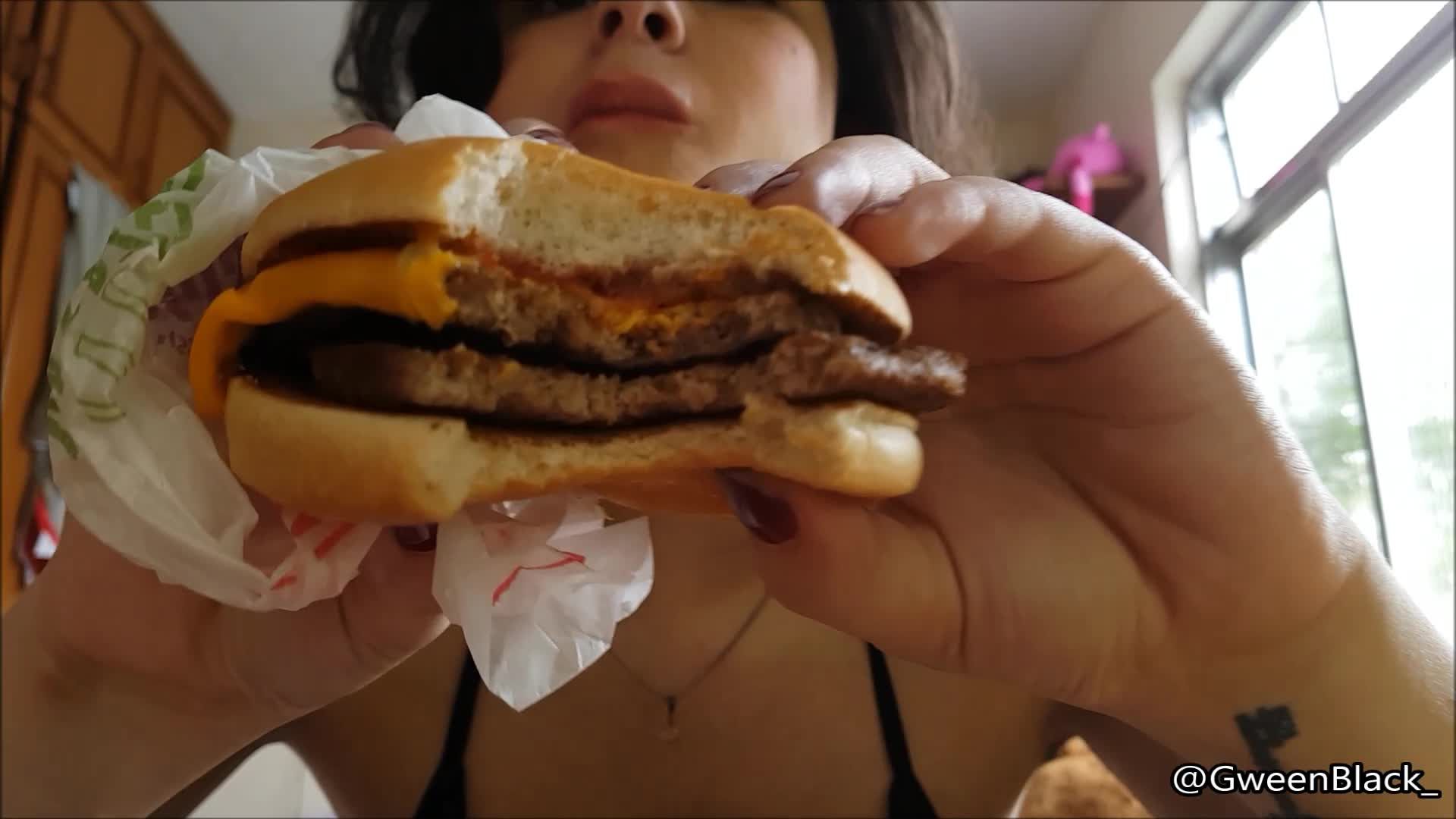 Tiny Girl Overeating Burgers