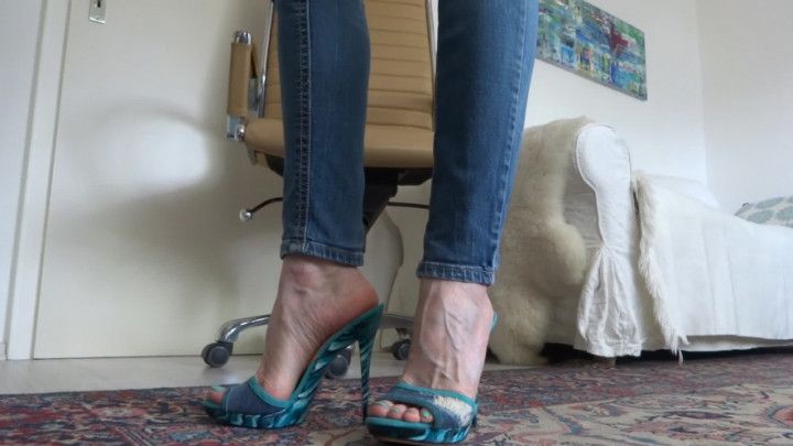 Turquoise mules, heels show