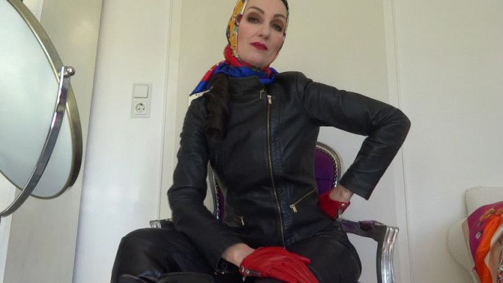 Satin headscarf fitting black leather