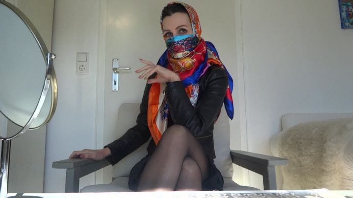 Satin scarf mask, headscarf and leather