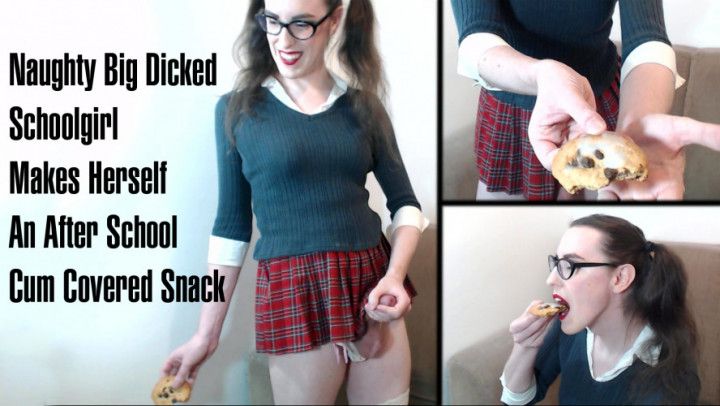 Tgirl Schoolgirl Cum on Cookie &amp; Eats It