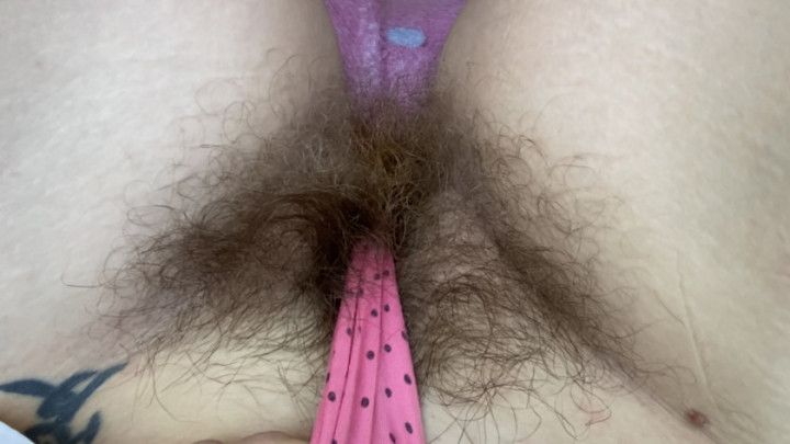 Extreme hairy pussy in panties closeup outdoor