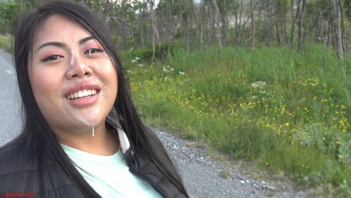 Risky public BJ with facial and cum walk