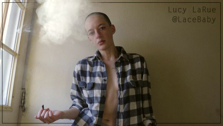 Buzzcut Lesbian Smokes in Blue Flannel