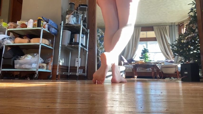 POV from floor, Dirty Bare Feet Walk