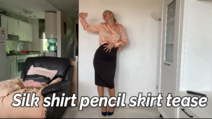 Silk shirt pencil skirt tease