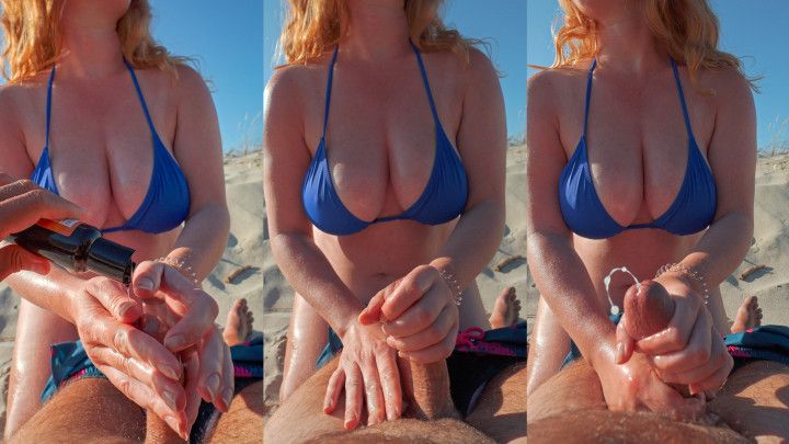 Curvy Big Boobs Redhead MILF Oily Handjob on a Public Beach