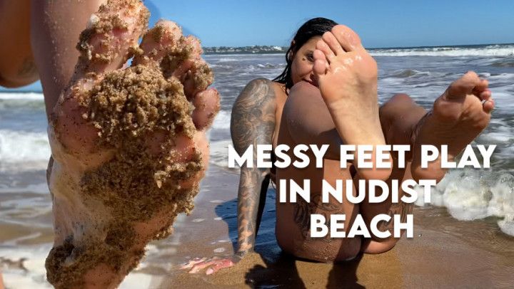 Messy feet play in nudist beach