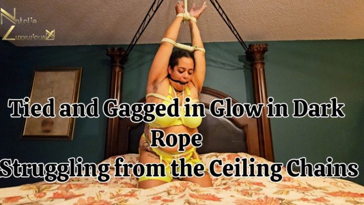 Tied &amp; Gagged in Glow in the Dark Rope Bondage from Ceiling