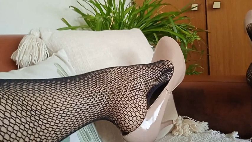 Socks off, foot fetish, heels, fishnet