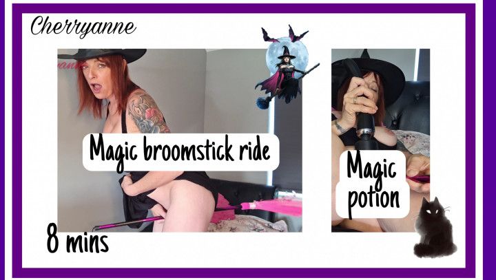 Halloween witch rides her broomstick