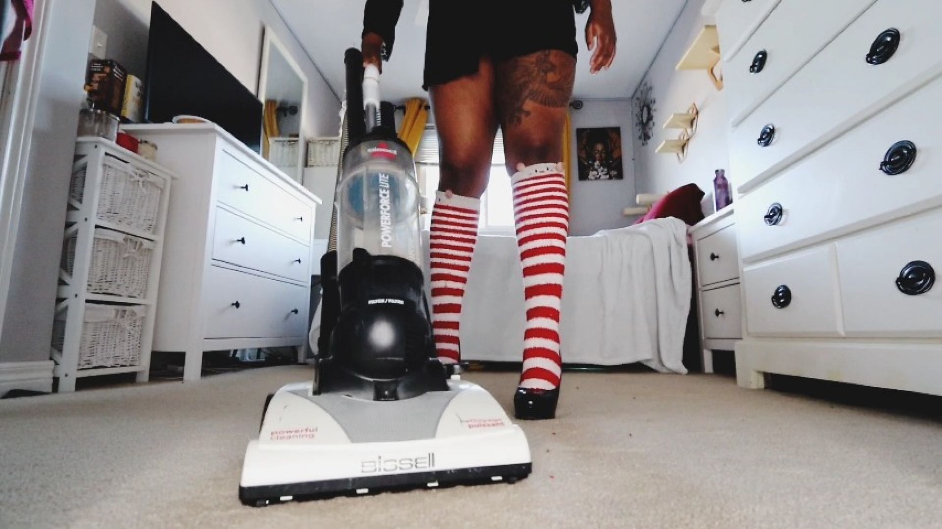 Candy Striped Socks &amp; Heels Vacuuming