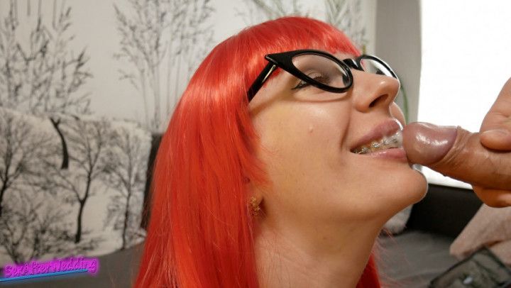 Redhead Gets CUM All Over BRACES