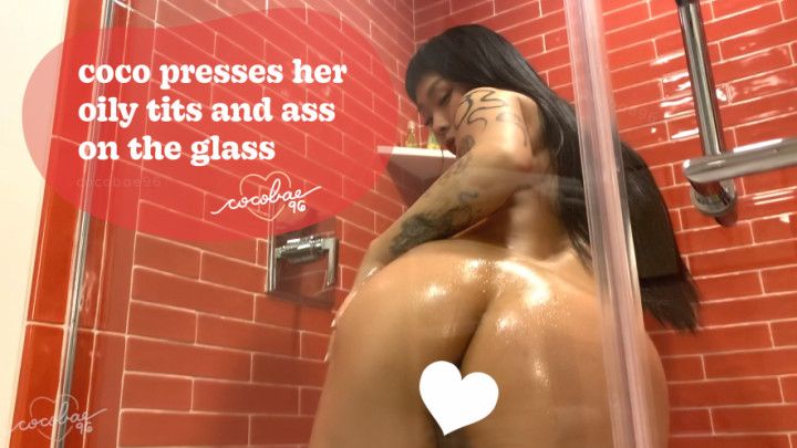 coco presses her oily tits and ass on the glass