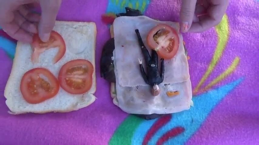 SANDWICH GIRL eats tiny puny man in a sa