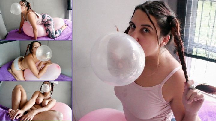 Braid Pigtails girl make bubbles on big loon - Bunny Looner