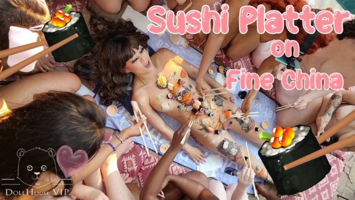 12 Girls Enjoy Sushi Platter on Fine China