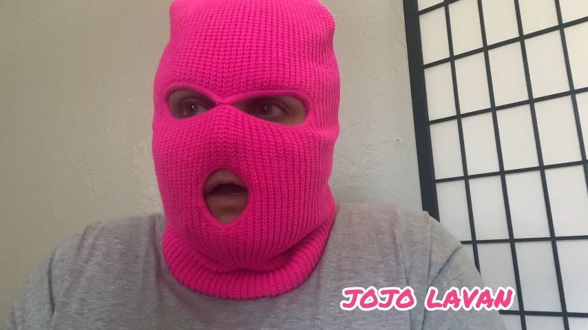 Burping in a hot pink ski mask