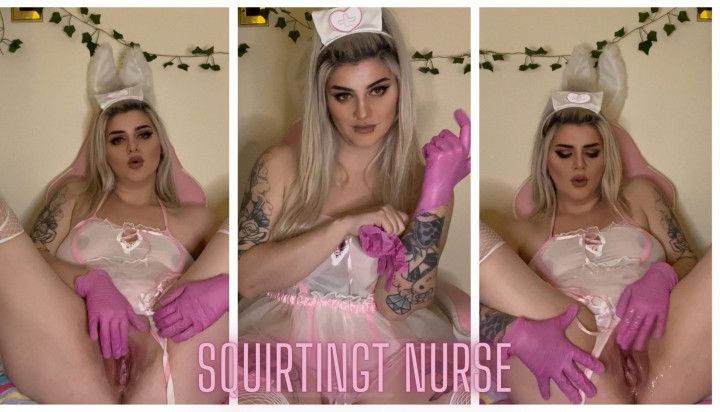 Squirting Nurse Fingers Herself with Latex Medical Gloves