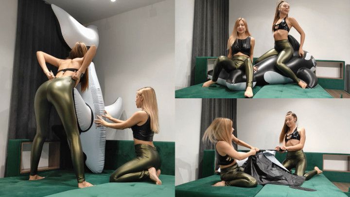 Nastya and Lucy inflate the whale, then sit to pop