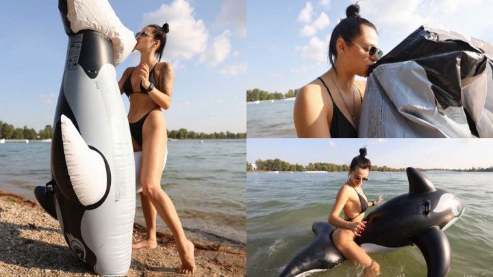 Jade blows the whale on the lake, then floats