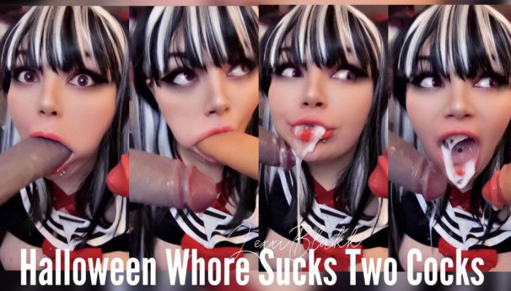 Halloween Whore Sucks Two Cocks