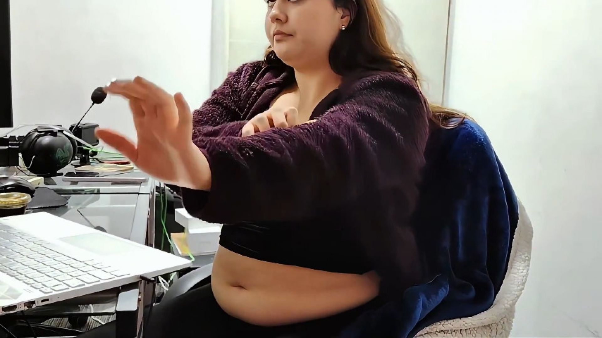 Round Chubby Girl Eating Sushi, Rubbing Bloated Belly