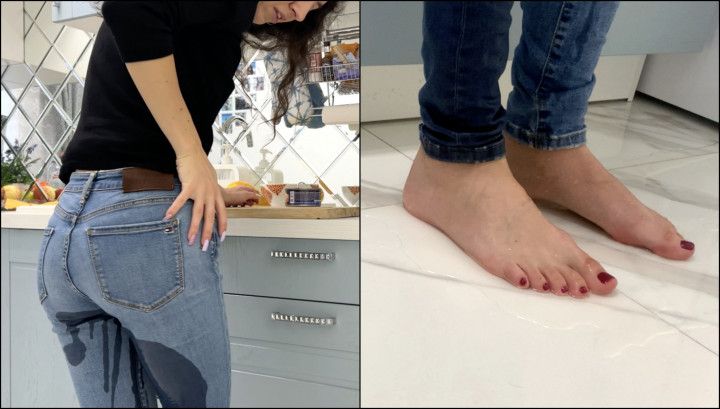 Wetting Jeans while Cooking Piss Desperation Barefoot