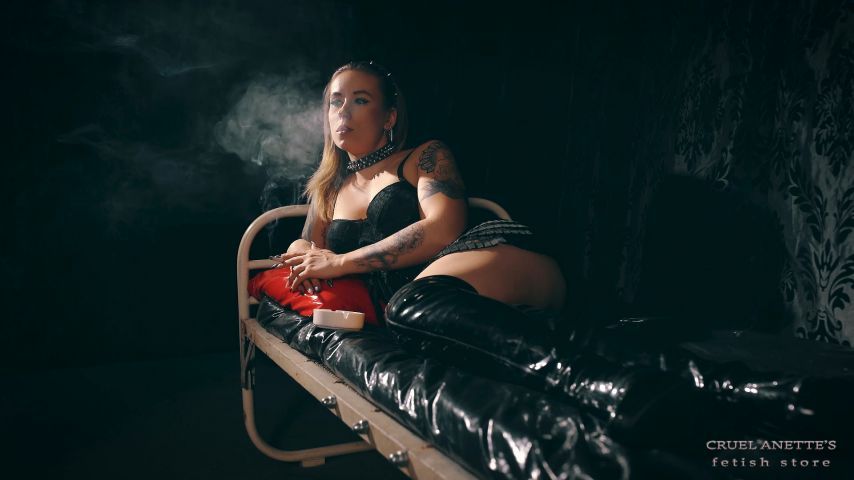 Smoking in black lingerie