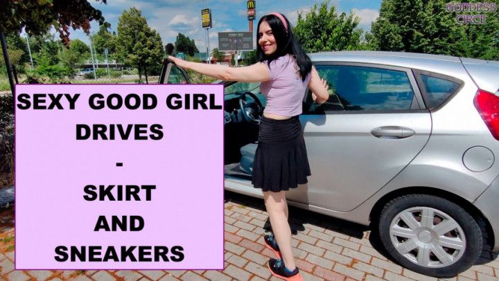 SEXY GOOD GIRL DRIVES SKIRT AND SNEAKERS