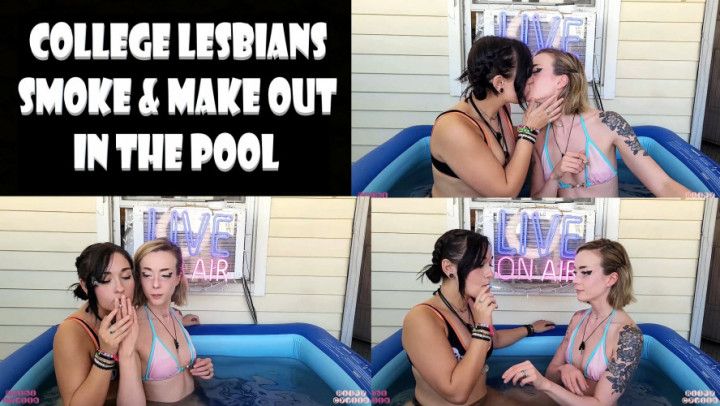 College Lesbians Smoke and Kiss in the Pool