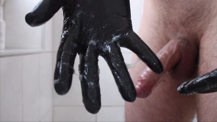 masturbate with oil &amp; black latex gloves