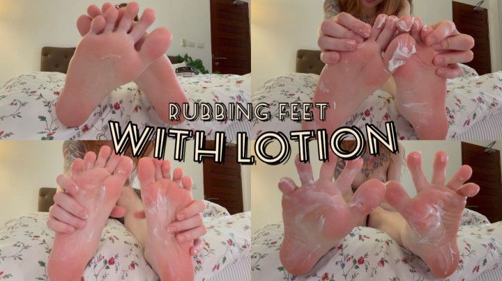 Rubbing my feet with white lotion