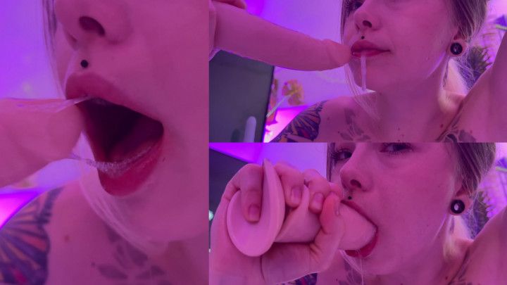 Slutty blonde drooling and gagging on dildo toy