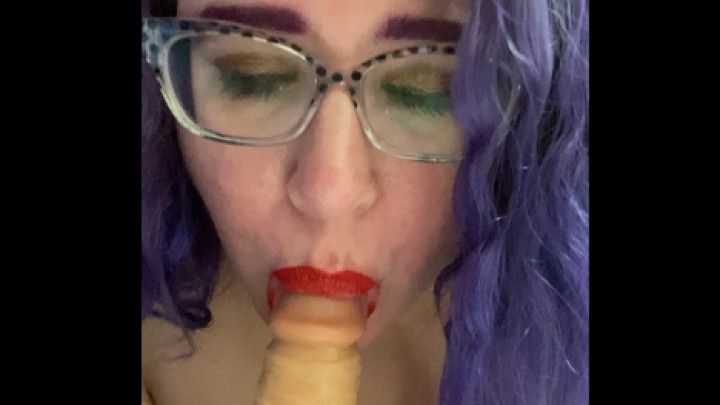 Naked BBW Blowing a Realistic White Dildo