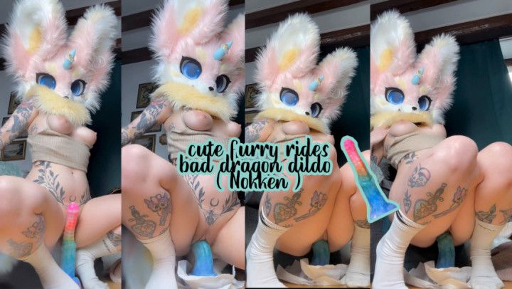 Furry babe rides Bad dragon dildo Nokken