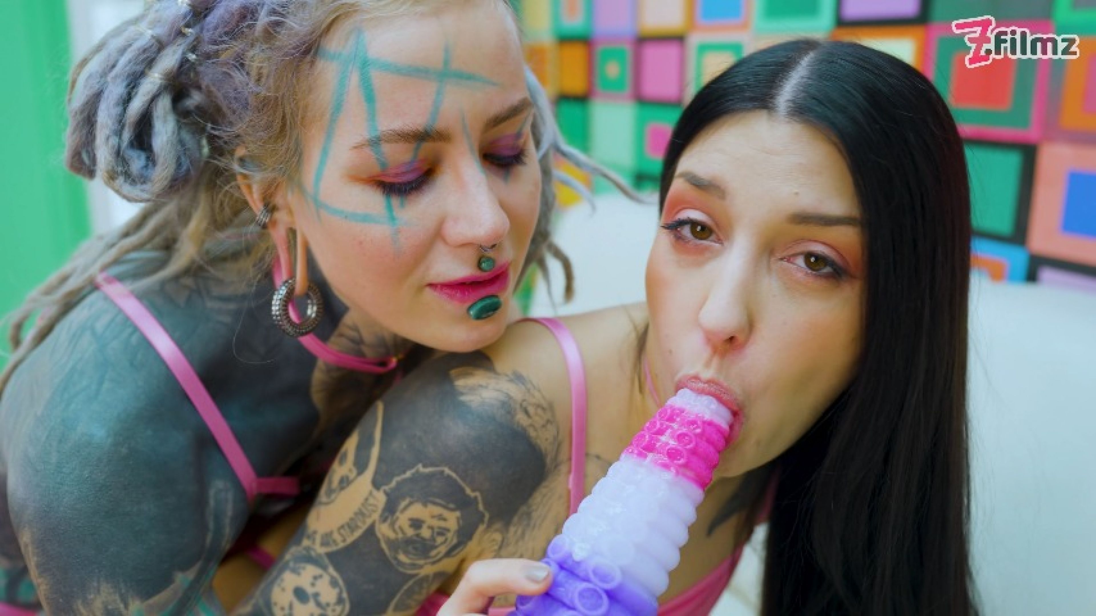 Tattoed Lebians Open their Assholes with Tentacle Dildos