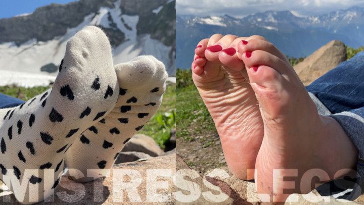 Foot teasing in white socks and barefoot outdoor