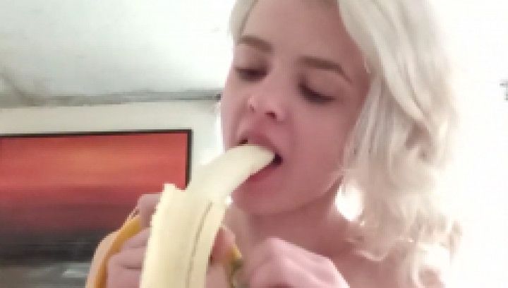 Topless blonde banana mukbang